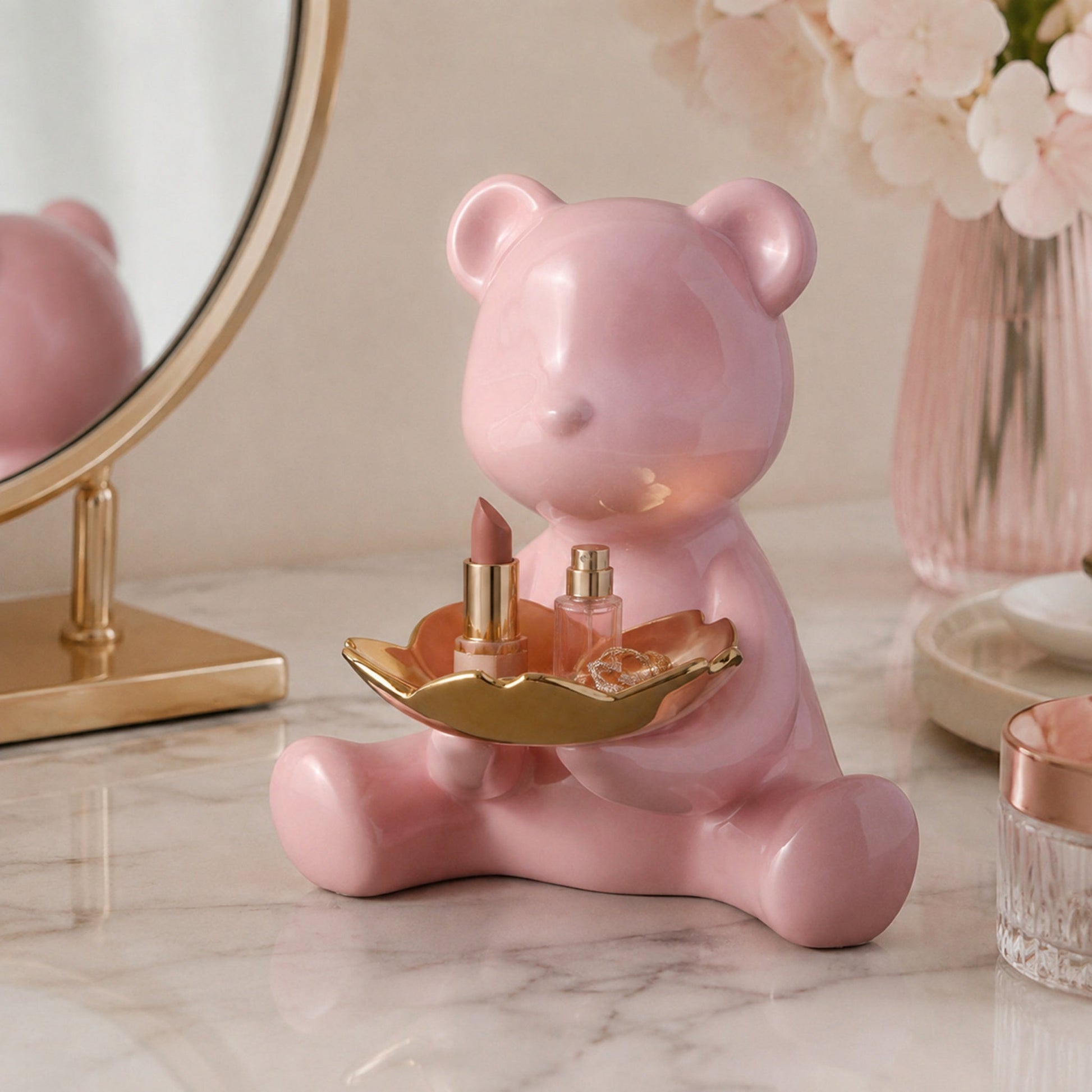 Cubby pink ceramic organizer tray styled on a vanity