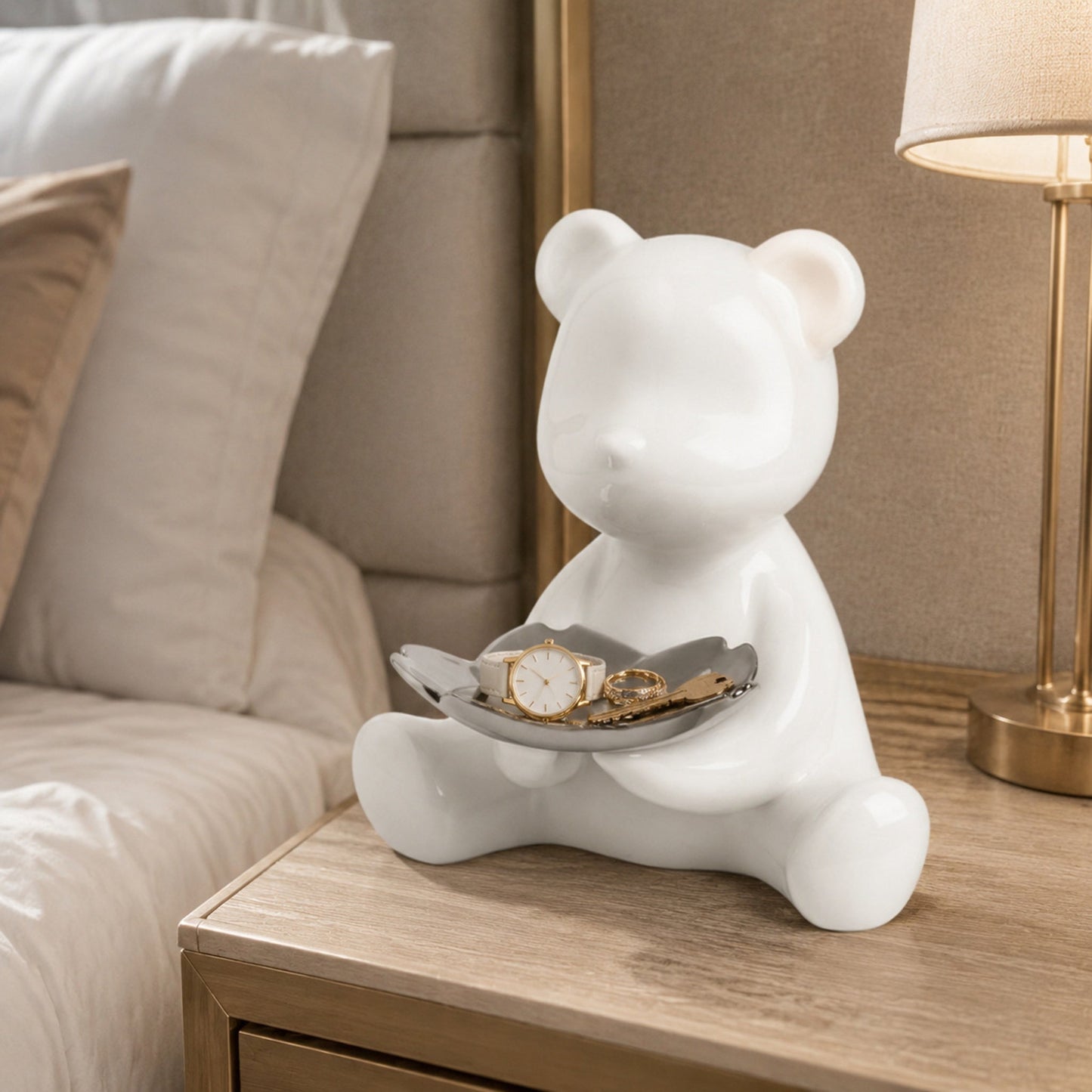 Cubby white ceramic organizer tray styled on a bedside table