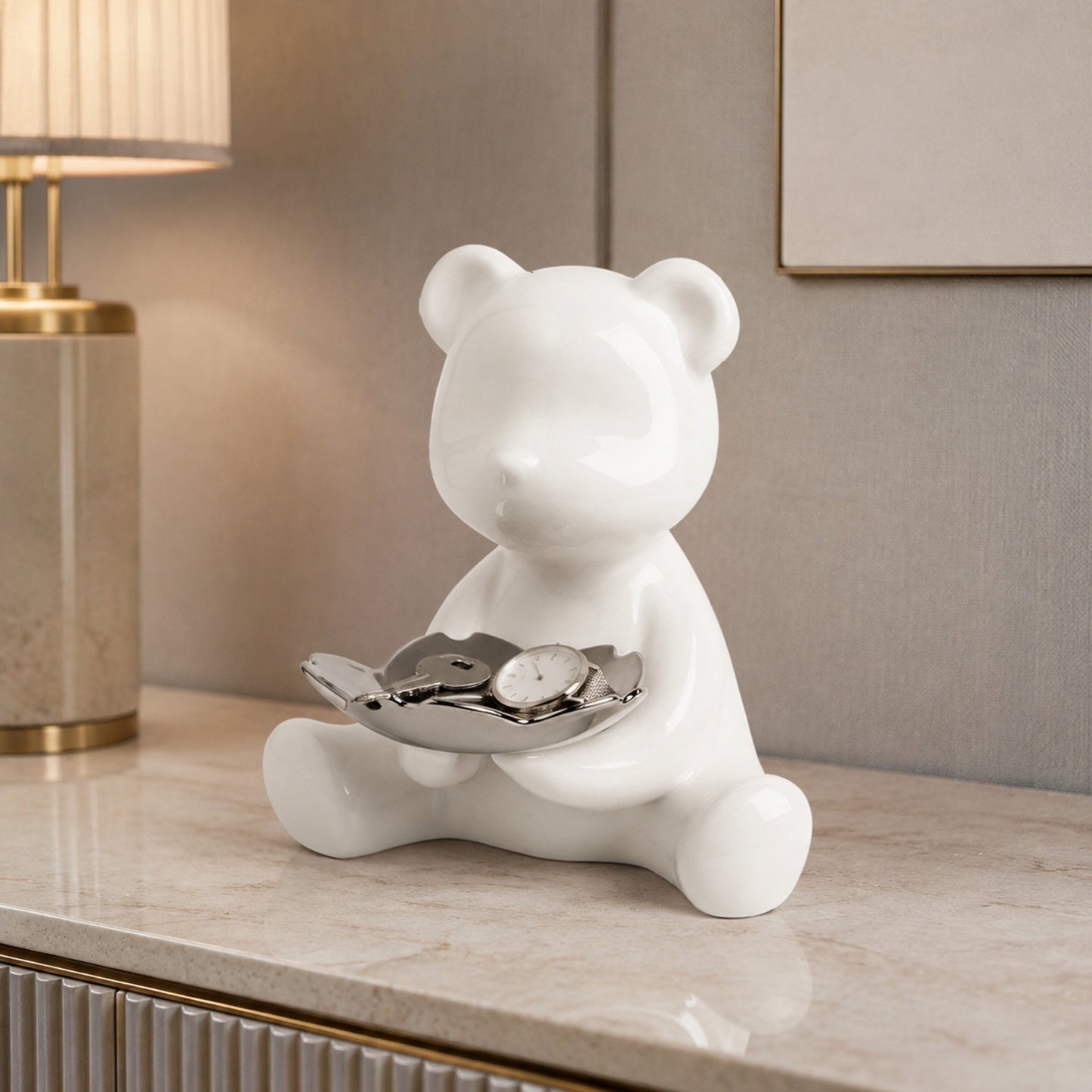 Cubby white ceramic organizer tray styled on an entrance console