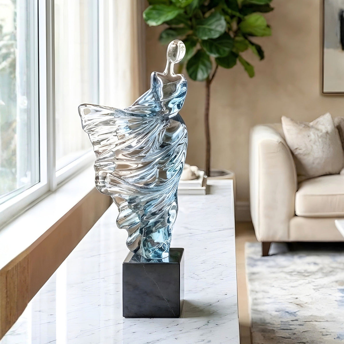 Diva translucent dancer showpiece styled on a marble console in a modern living room