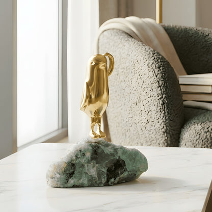 Flippers brass penguin sculptures on green natural stone for luxury console decor, view 10