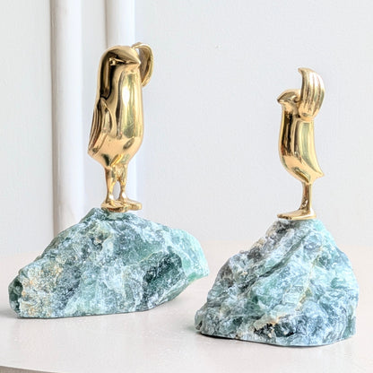Flippers brass penguin sculptures on green natural stone for luxury console decor, view 3