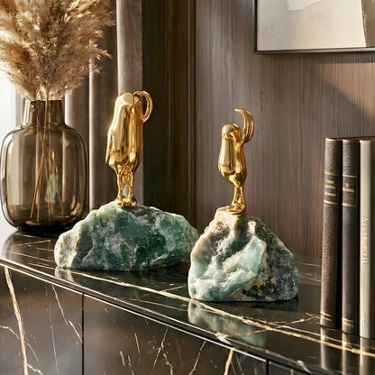 Flippers brass penguin sculptures on green natural stone for luxury console decor, view 4
