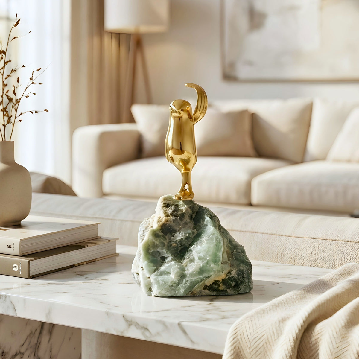 Flippers brass penguin sculptures on green natural stone for luxury console decor, view 5