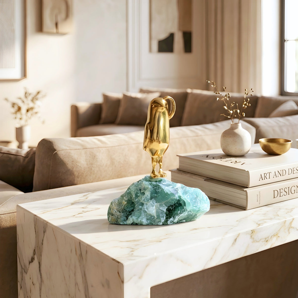 Flippers brass penguin sculptures on green natural stone for luxury console decor, view 7
