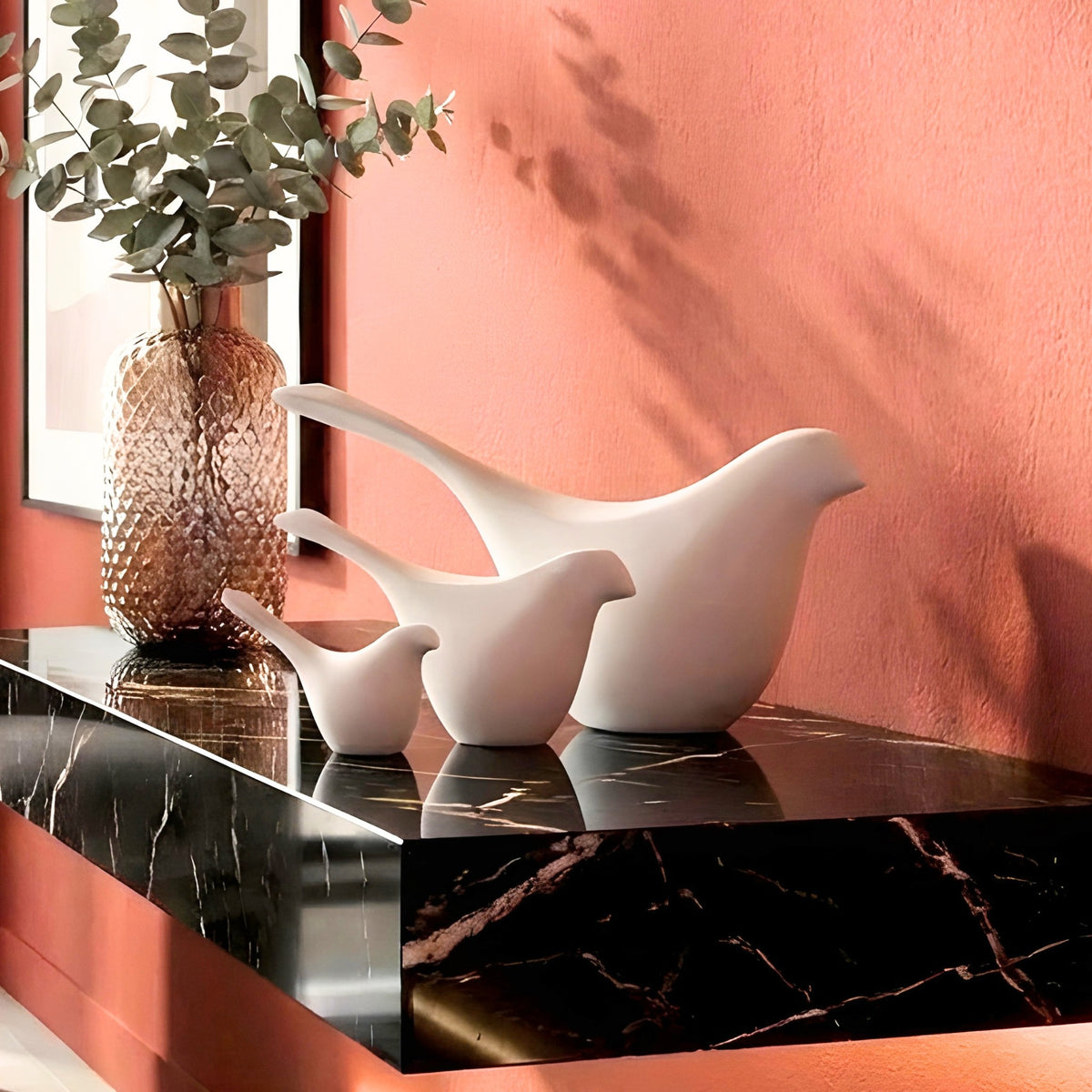 Flock white resin bird showpieces set of 3 styled on a console table