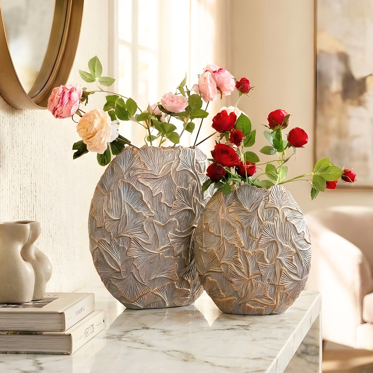 Folia ginkgo leaf resin vases styled in a bright modern living room