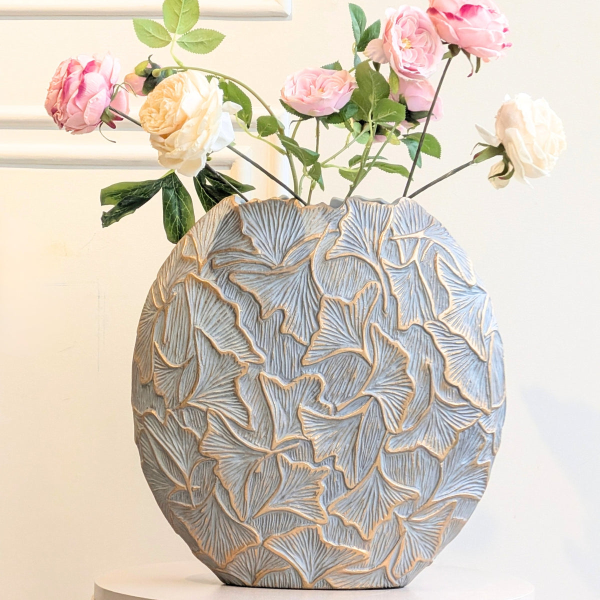 Folia large grey gold ginkgo leaf resin vase styled with pink and cream flowers