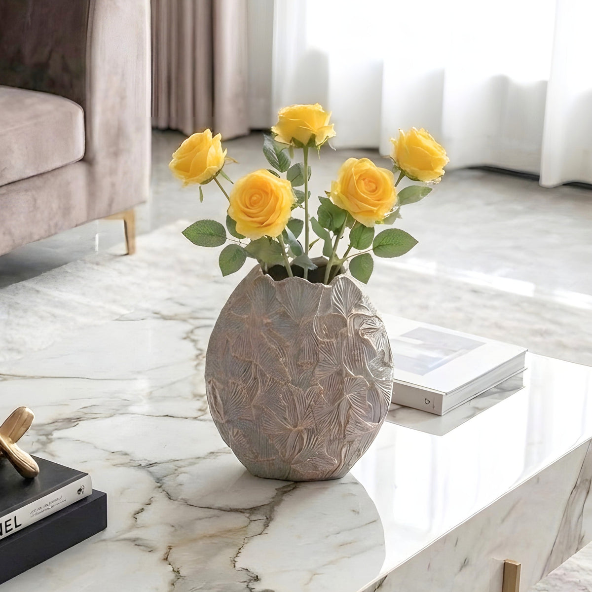Folia small ginkgo leaf resin vase with yellow roses on a marble coffee table