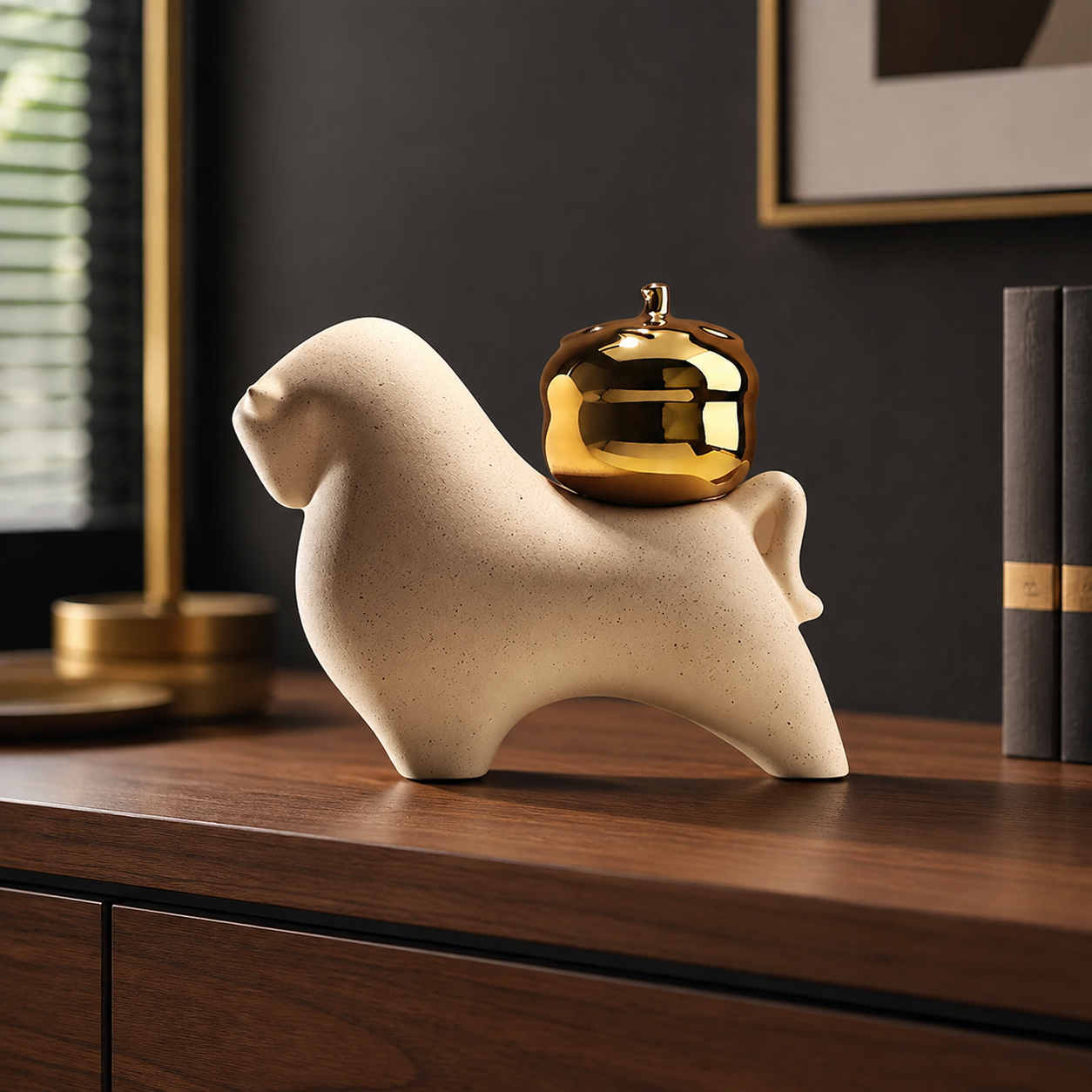 Fortuna beige ceramic bull showpiece styled on an executive office credenza