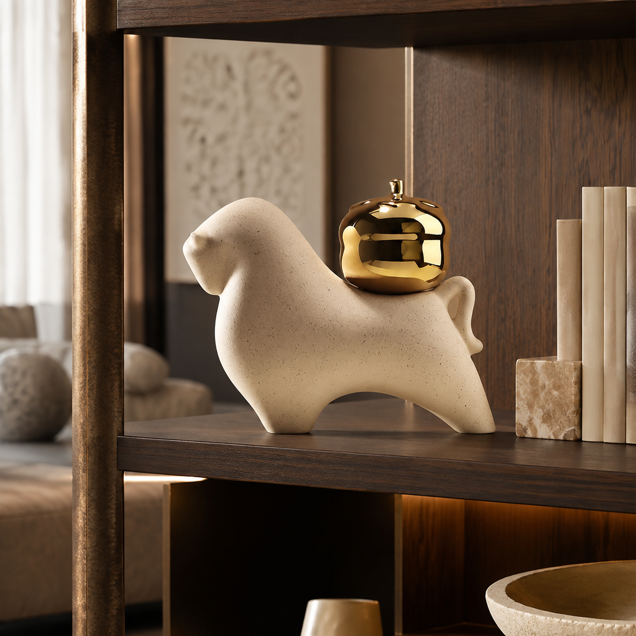 Fortuna beige ceramic bull showpiece styled on a display shelf