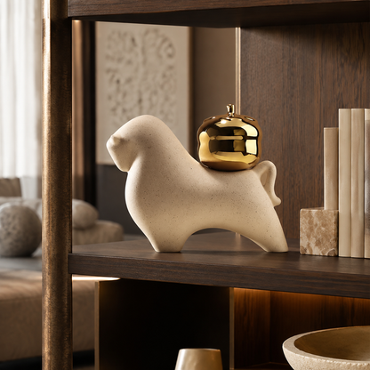 Fortuna beige ceramic bull showpiece styled on a display shelf