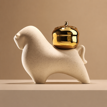 Fortuna beige ceramic bull showpiece with gold fruit – left profile