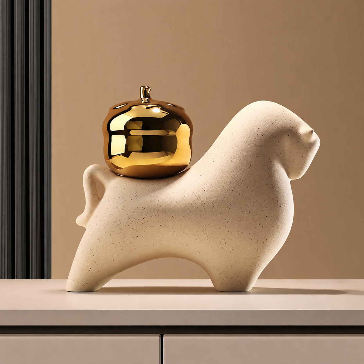 Fortuna beige ceramic bull showpiece with gold fruit – right profile