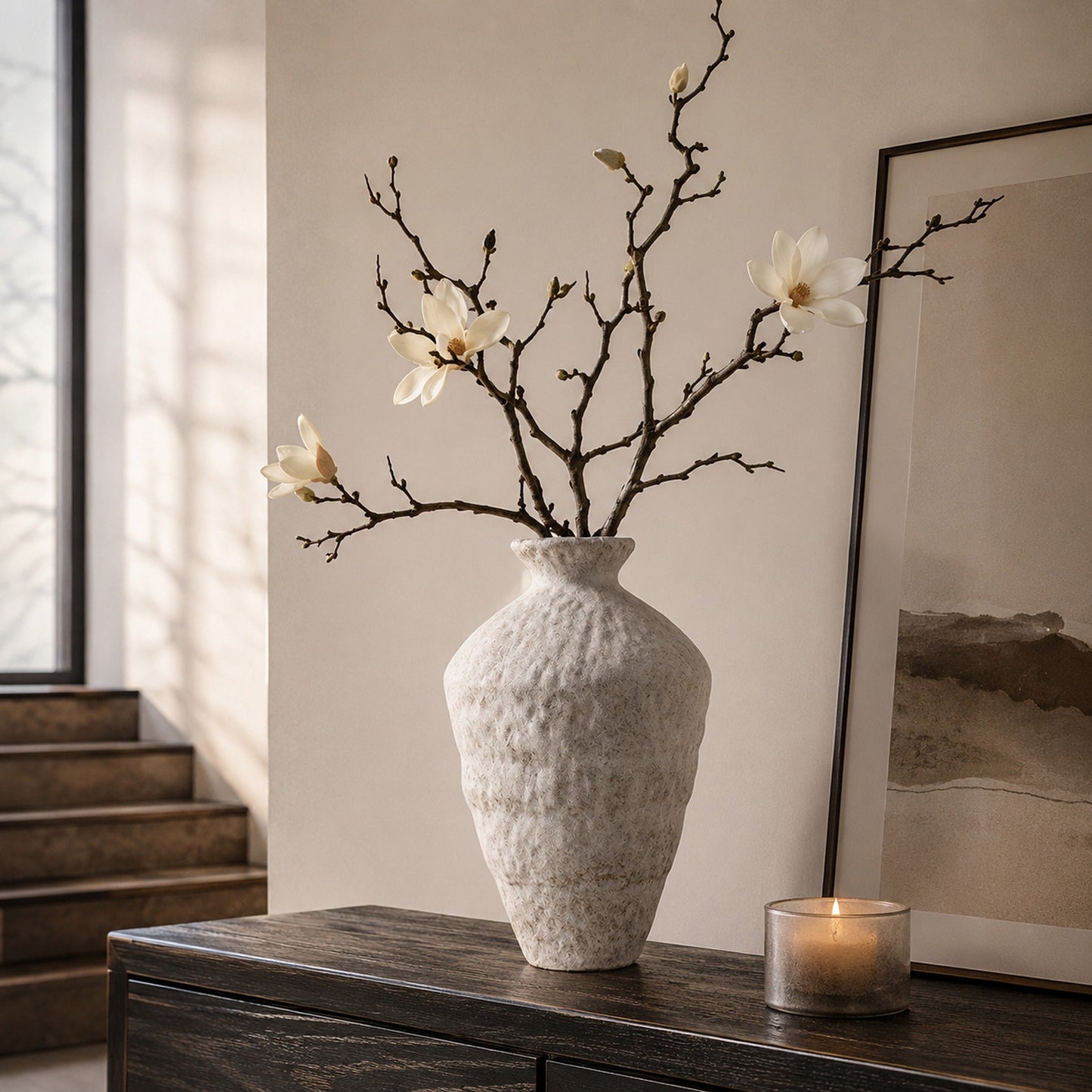 Frost textured ceramic table vase styled with magnolia branches on a dark wood console in a refined entryway