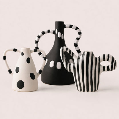 Geometrica ceramic table vases in three black and white designs styled together