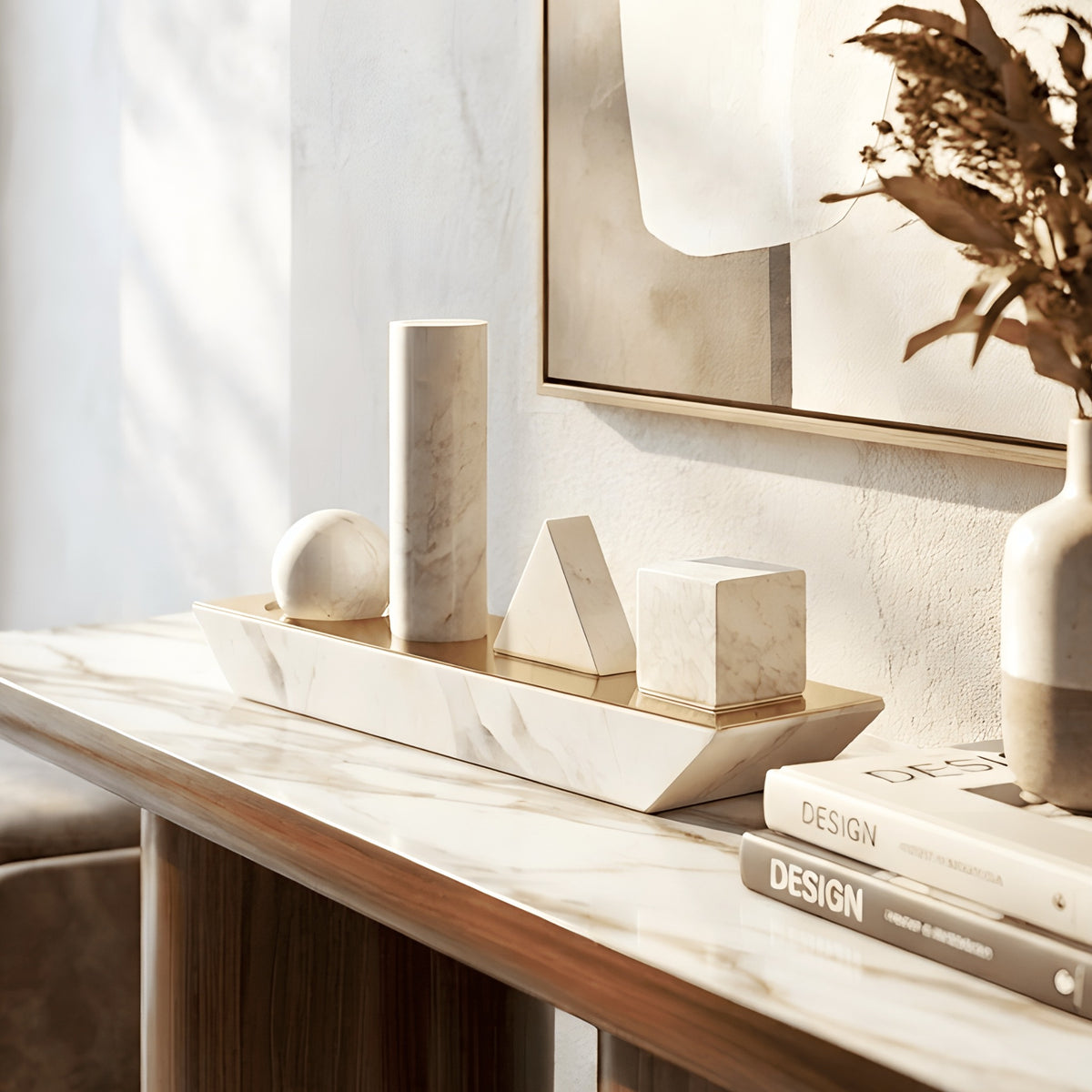 Geometry geometric marble decor styled on an entryway console