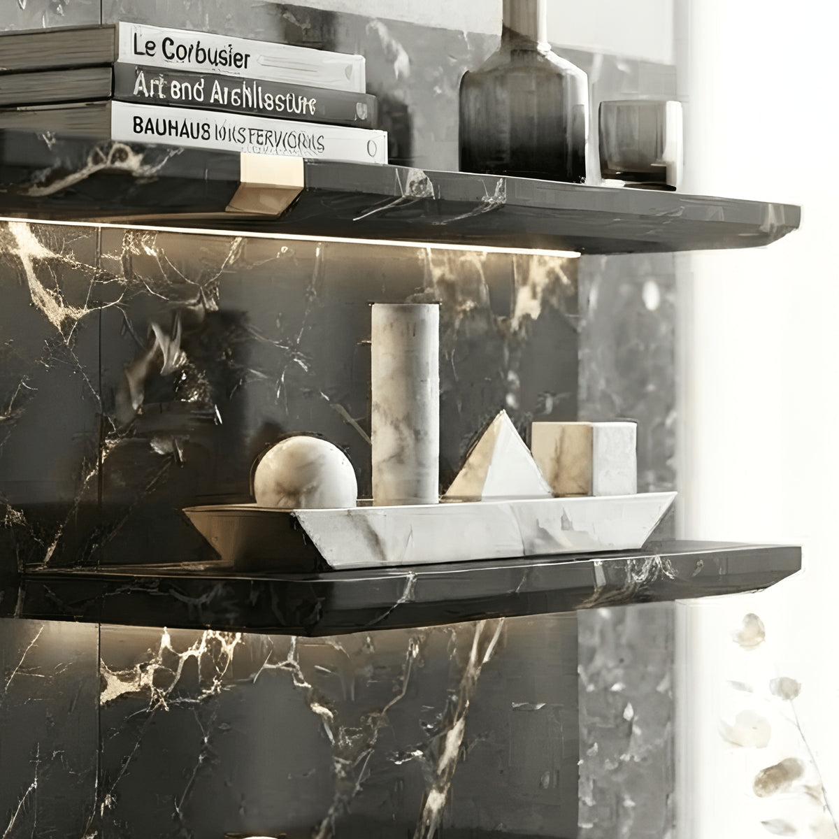 Geometry marble object art styled on a black stone display shelf