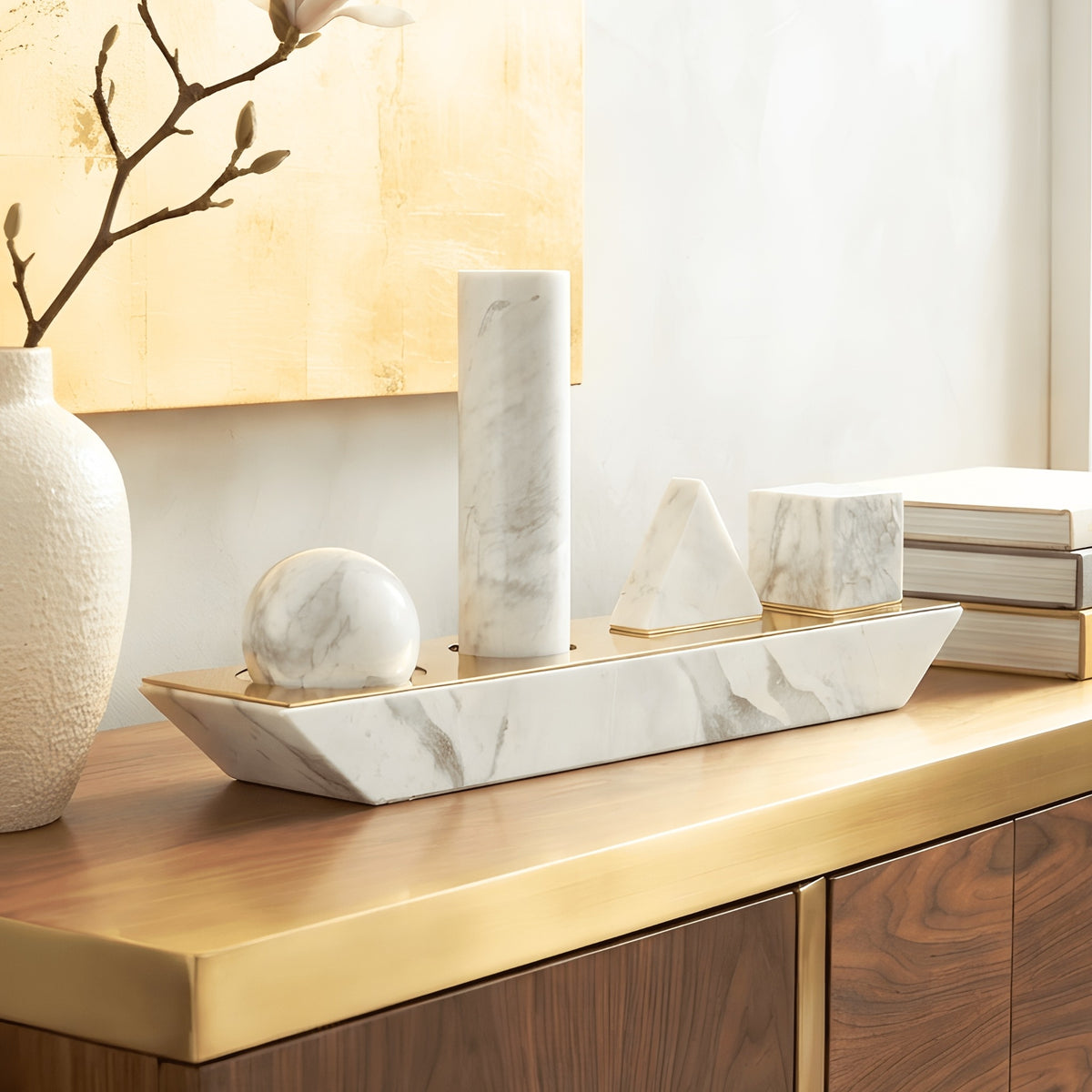 Geometry geometric marble showpiece styled on a warm wooden sideboard