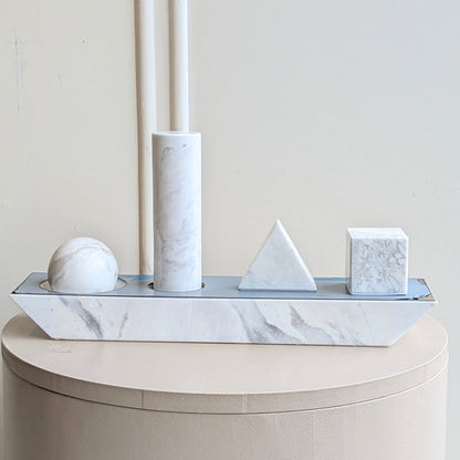 Geometry white marble geometric showpiece with gold-toned platform detail