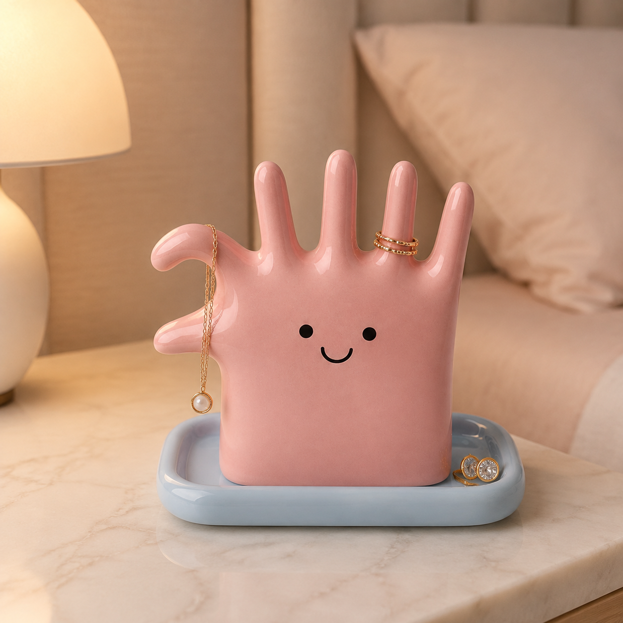 Glee ceramic jewellery stand styled on a bedside table