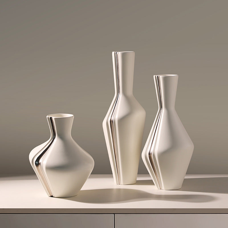 Grace ivory and silver ceramic table vases in Large, Medium and Small sizes