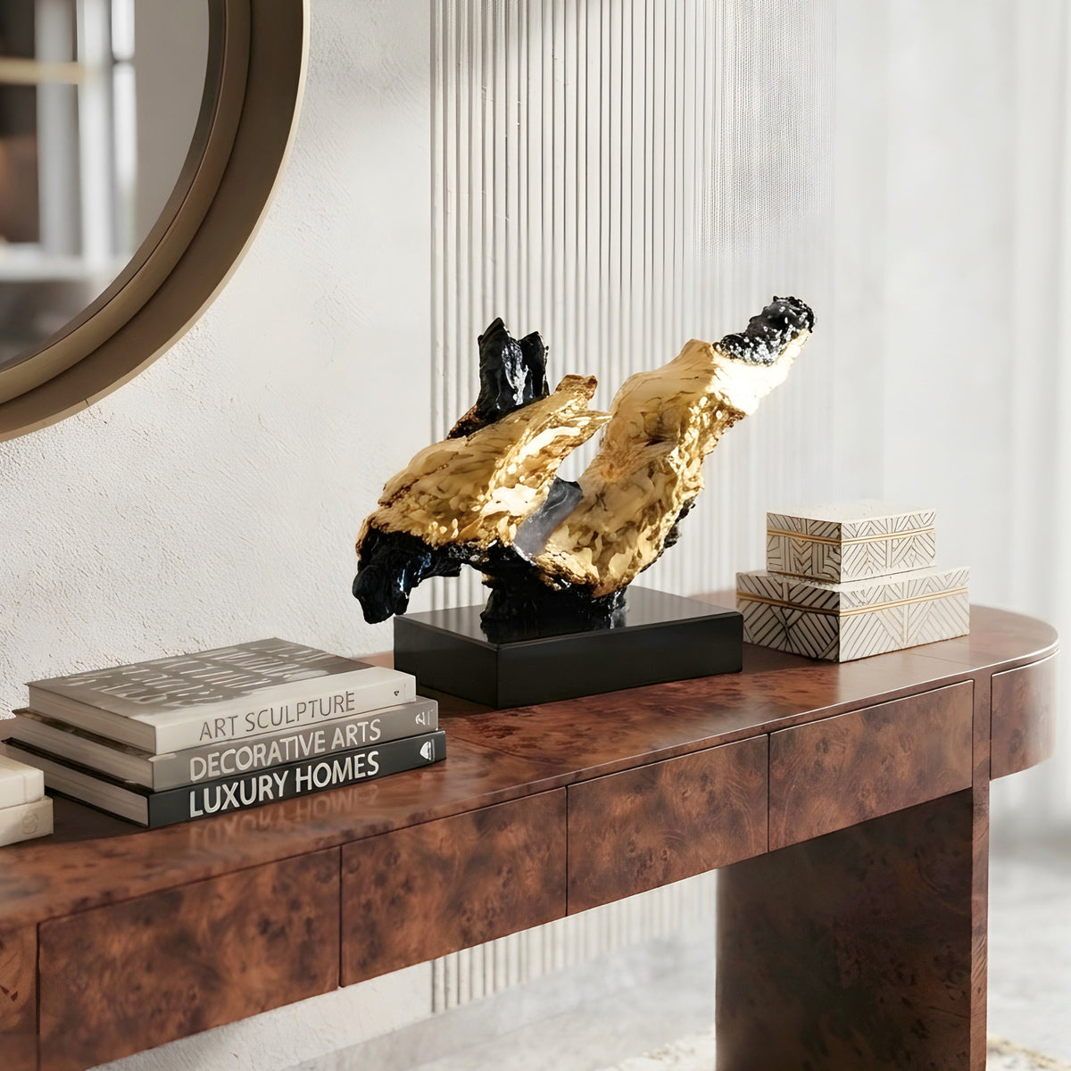 Ignis resin and marble showpiece styled on a wooden sideboard
