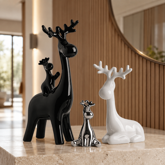 Kinfolk ceramic deer family showpieces styled on an entrance foyer console