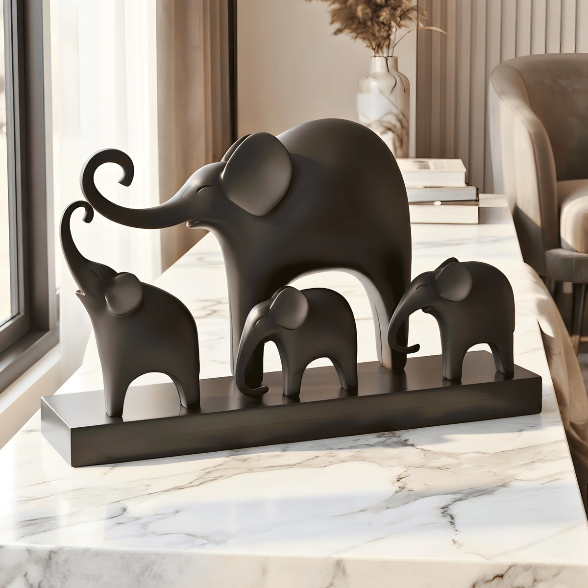 Kinship black resin elephant family showpiece with four elephants on a rectangular base for luxury console styling, view 1