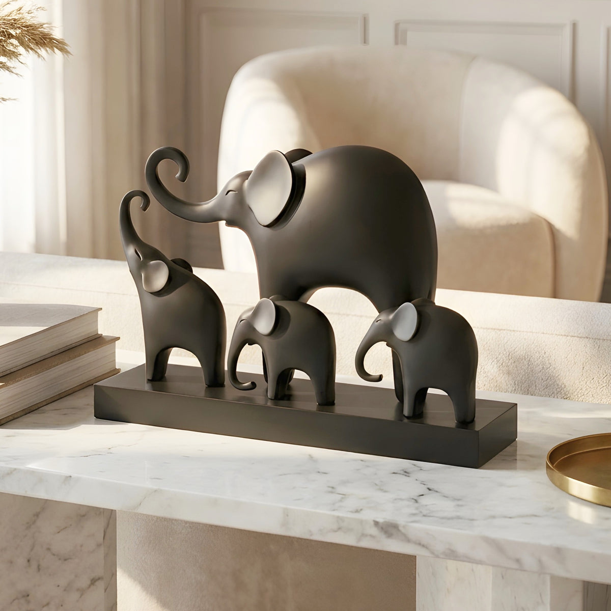 Kinship black resin elephant family showpiece with four elephants on a rectangular base for luxury console styling, view 3