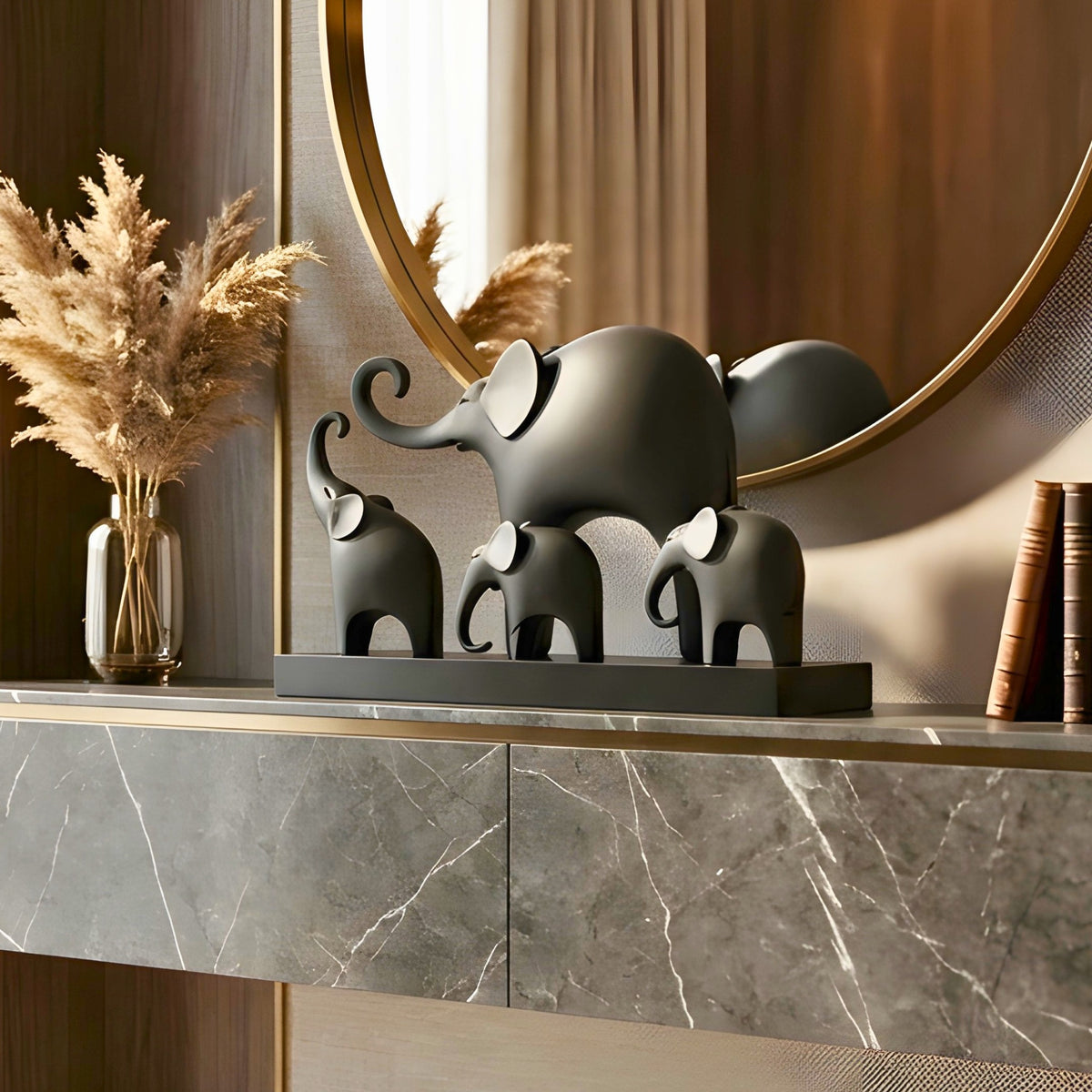Kinship black resin elephant family showpiece with four elephants on a rectangular base for luxury console styling, view 6