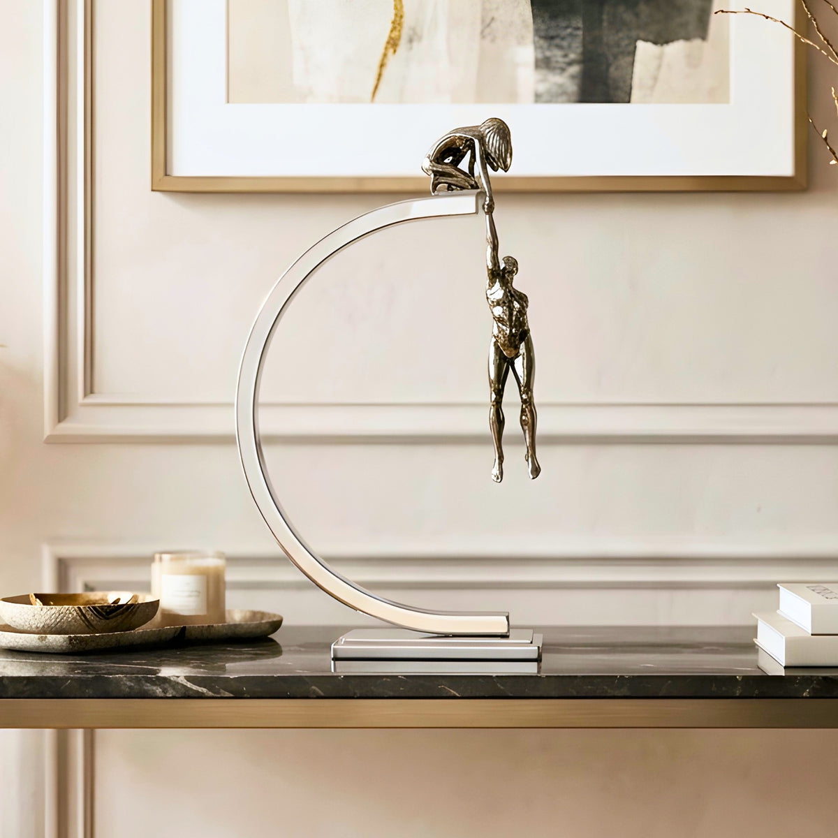 Lifeline Style 1 metal couple figurine with helping-hand sculpture and curved silver frame for luxury console decor, view 1
