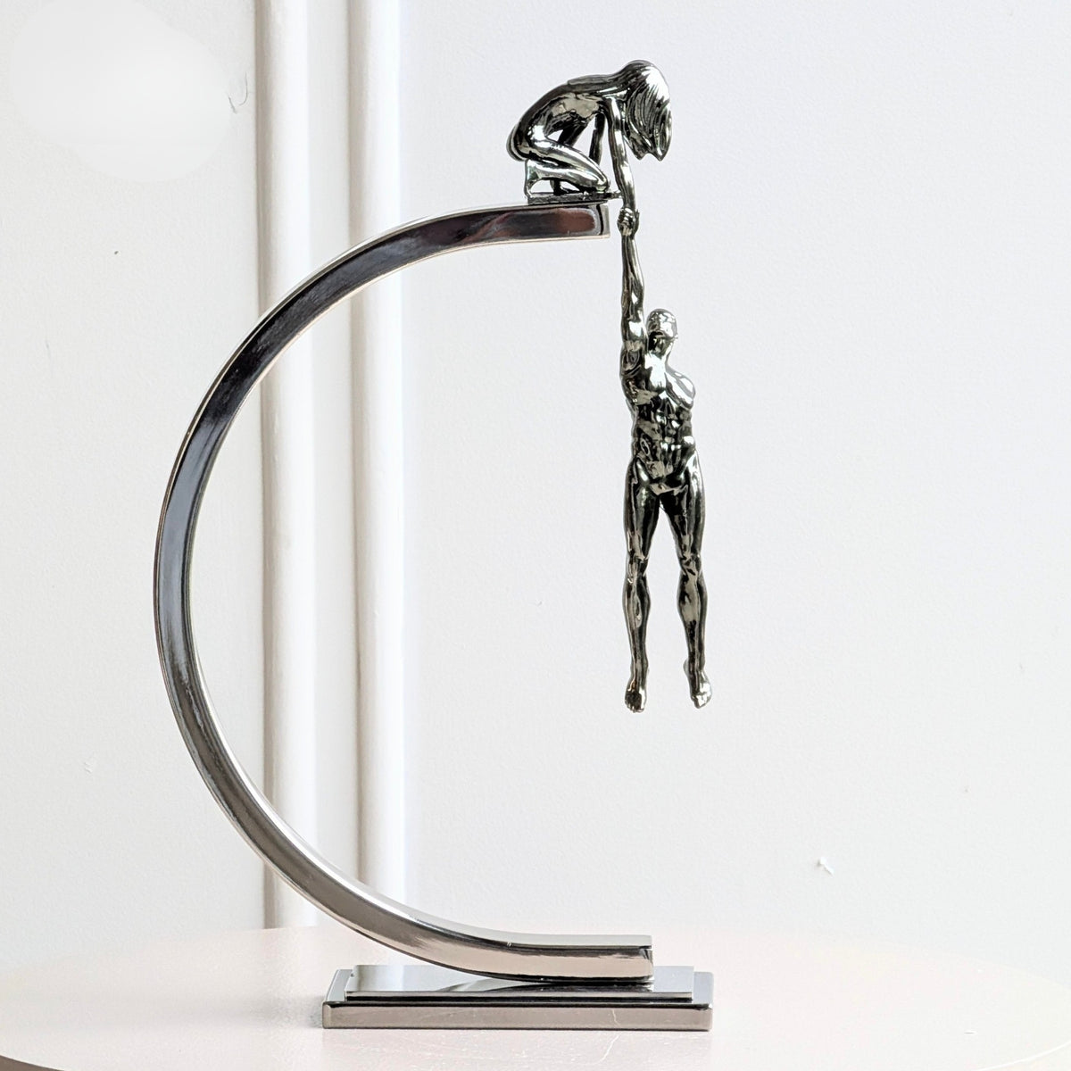 Lifeline Style 1 metal couple figurine with helping-hand sculpture and curved silver frame for luxury console decor, view 3