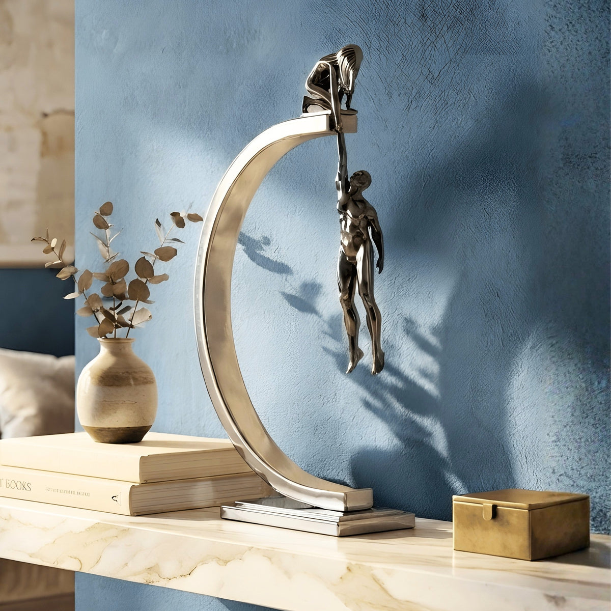 Lifeline Style 1 metal couple figurine with helping-hand sculpture and curved silver frame for luxury console decor, view 4