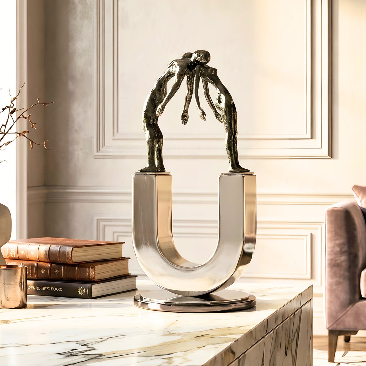 Lifeline Style 2 silver metal couple figurine for luxury console and shelf decor