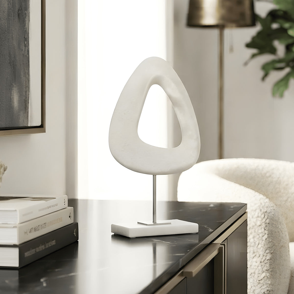Loop organic white showpiece styled in a modern luxury living room