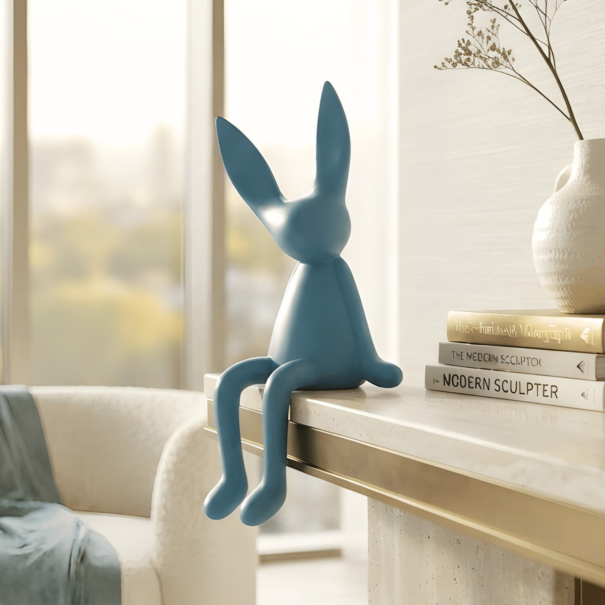 Meadow blue rabbit showpiece styled on a contemporary sideboard
