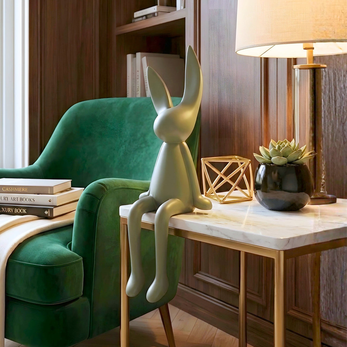 Meadow olive green rabbit showpiece styled in a modern reading corner
