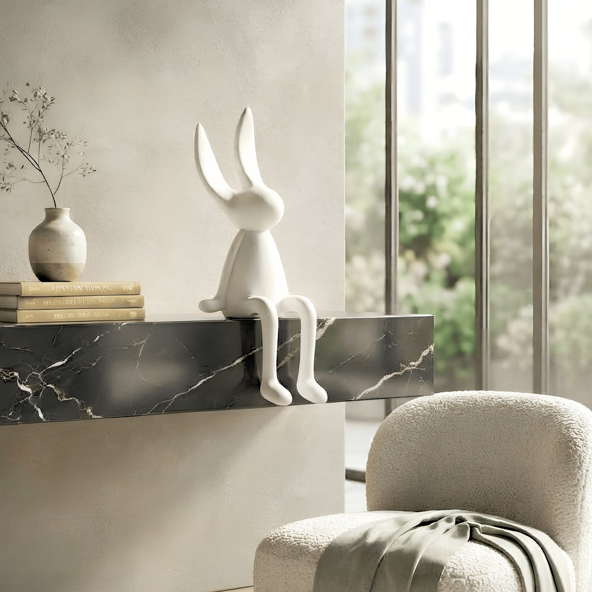 Meadow white rabbit showpiece styled on a black marble console
