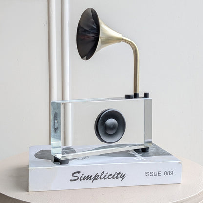 Melody crystal radio showpiece with metal horn styled on a design book