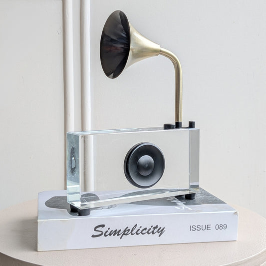 Melody crystal radio showpiece with metal horn styled on a design book