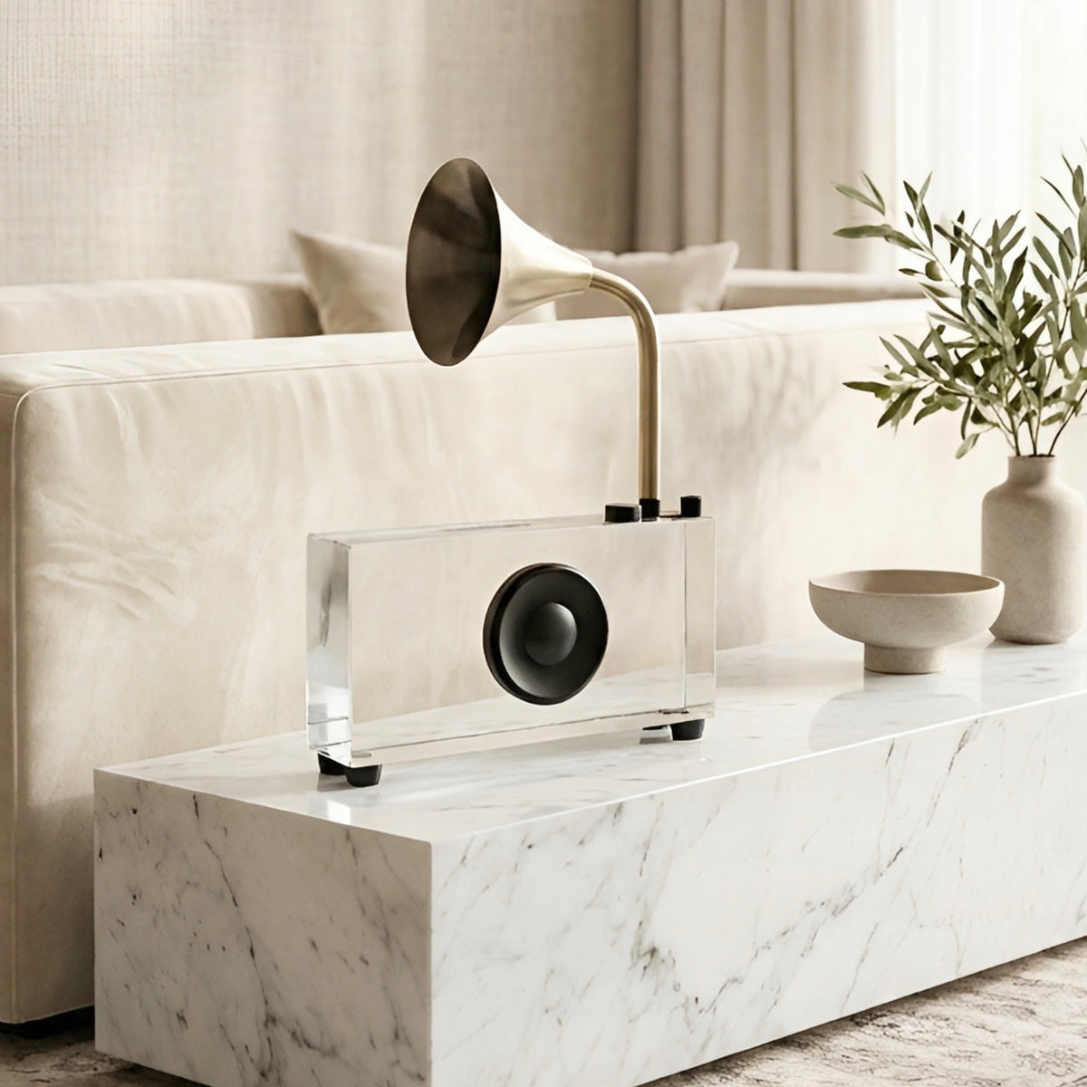 Melody crystal radio showpiece styled on a modern living room console