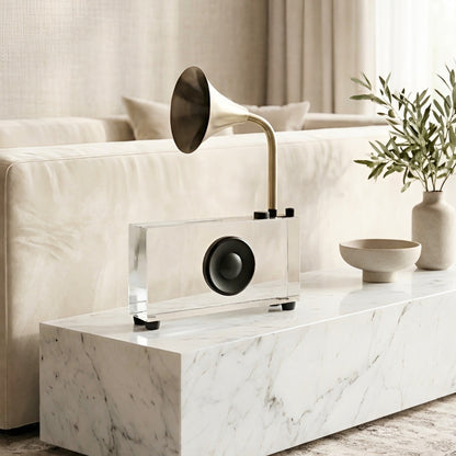 Melody crystal radio showpiece styled on a modern living room console