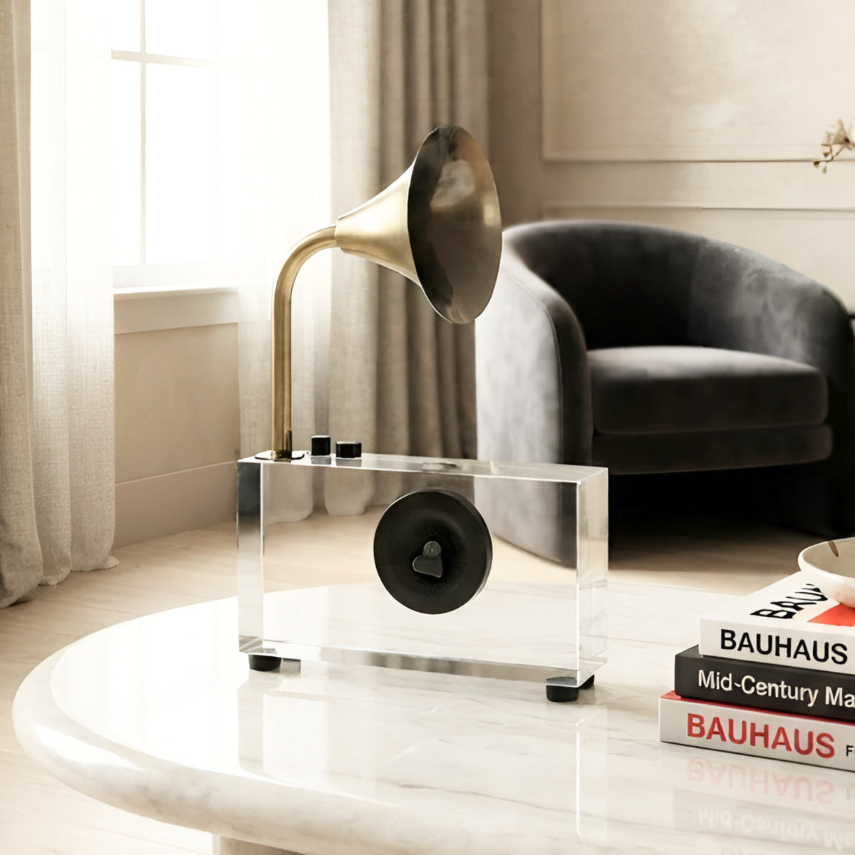Melody crystal radio showpiece rear view in a modern interior