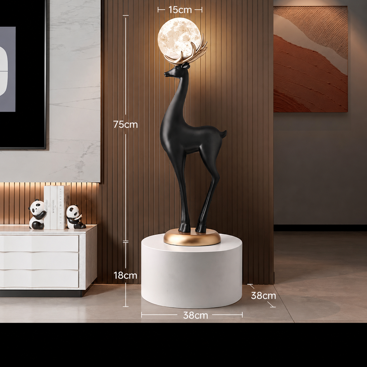 Moonstag black deer floor lamp displayed on a pedestal