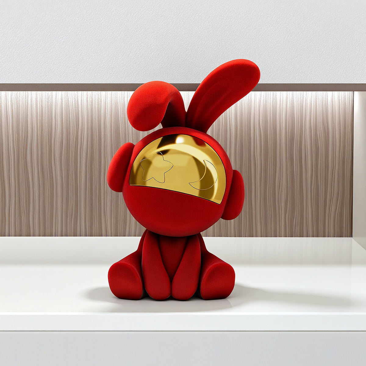 Moonstruck red velvet rabbit showpiece styled on a modern shelf