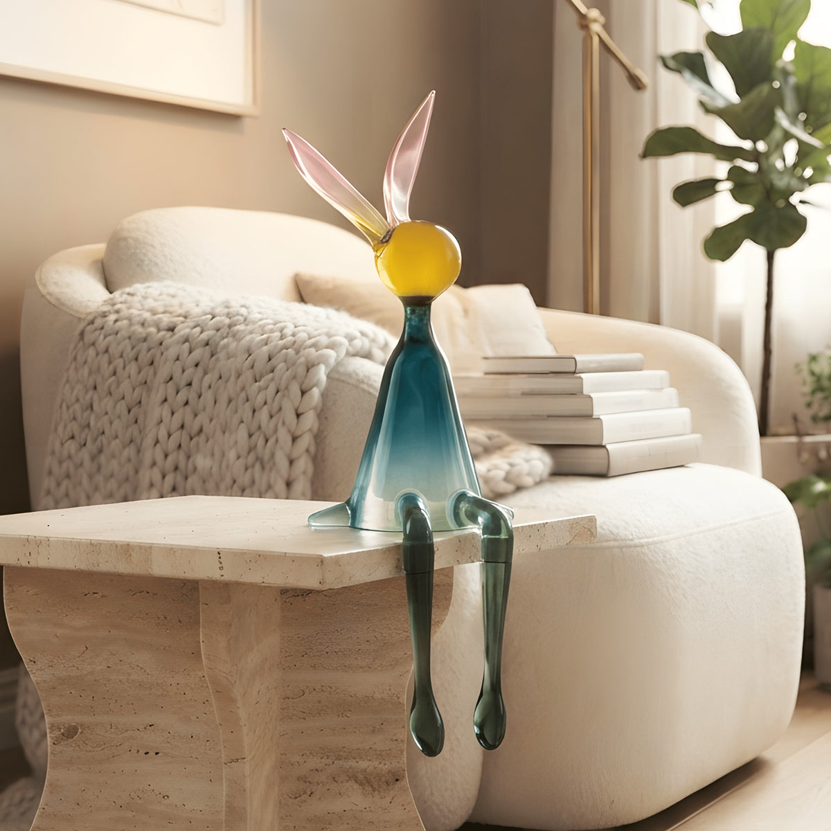 Moxie resin rabbit with long ears sitting on a marble coffee table