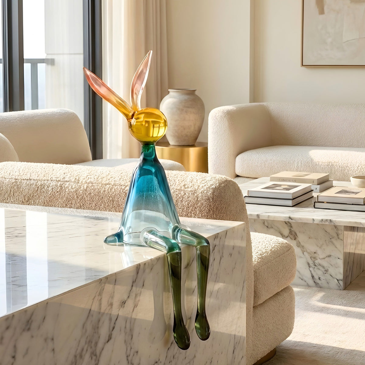 Moxie colourful rabbit showpiece styled on marble furniture in a modern living room