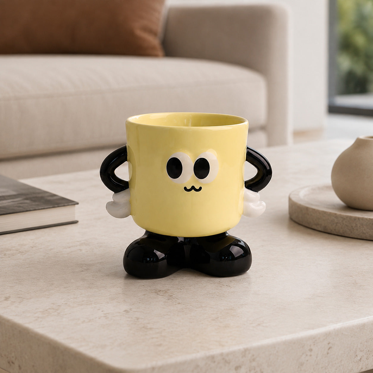 Mugsy ceramic showpiece styled on a contemporary coffee table