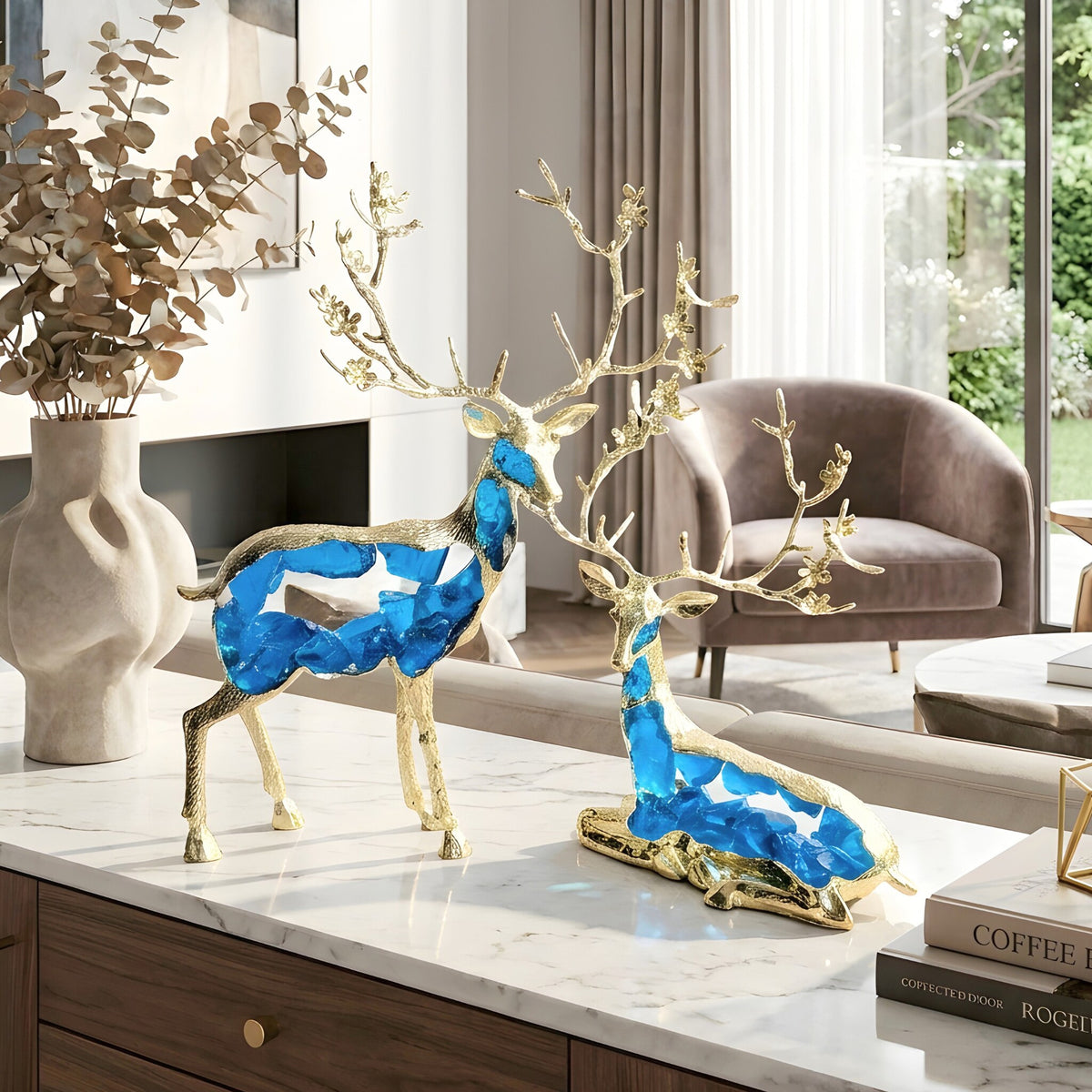 Mystique standing and sitting deer showpieces styled in a modern living room